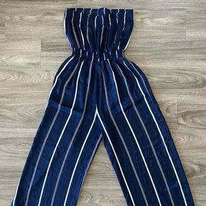 Forever 21 Navy Satin Striped Strapless Jumpsuit